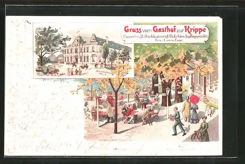 Lithographie Neukirchen, Front- und Gartenansicht des Gasthaus "Zur Krippe"