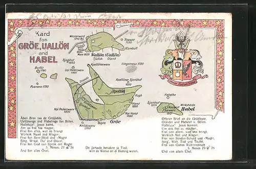 AK Gröde Hallig, Landkarte mit Halligen, Wappen, Gedicht