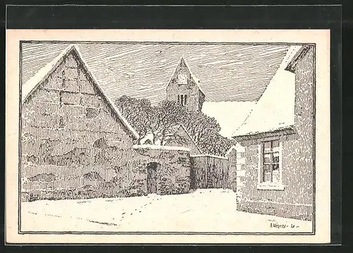 Künstler-AK sign. A. Wessner Collenbey: Oppin, Strassenpartie an der Kirche