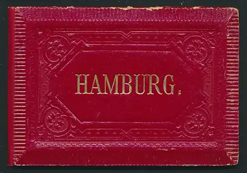 Leporello-Album Hamburg, mit 12 Lithographie-Ansichten, Hafen, Theater, Börse, Kunsthalle, Lombardsbrücke, Jungfernstieg