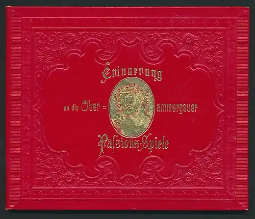 Leporello-Album Oberammergau, mit 12 Lithographie-Ansichten, Ortsansicht, Szenen der Passionsspiele, Kloster Ettal