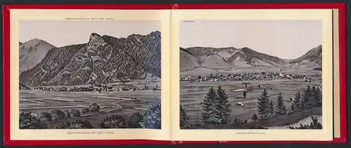 Leporello-Album Oberammergau, mit 12 Lithographie-Ansichten, Ortsansicht, Szenen der Passionsspiele, Kloster Ettal