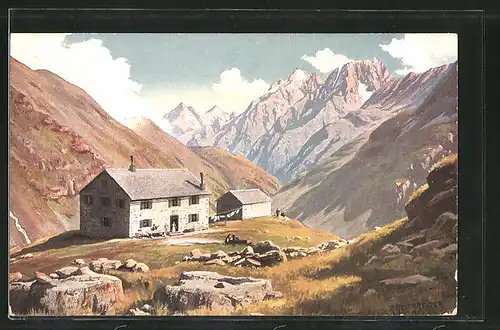 Künstler-AK Rudolf Reschreiter: Berghütte "Taschachhaus" vor Bergpanorama