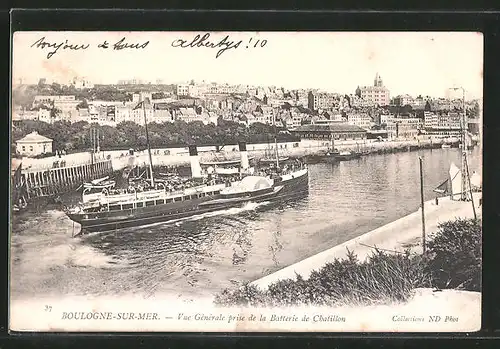 AK Boulogne-sur-Mer, Vie Générale prise de la batterie de Chatillon, Auslaufender Raddampfer