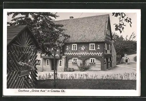 AK Crostau, Blick zum Gasthaus Grüne Aue