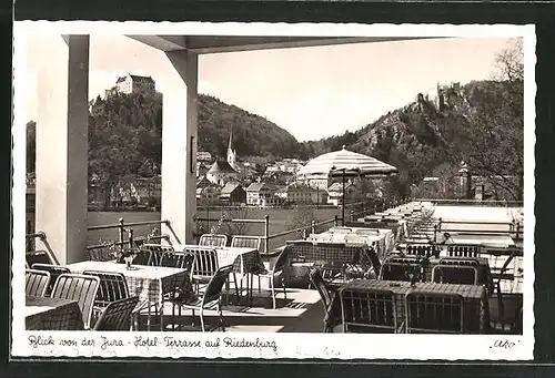 AK Riedenburg, Jurahotel, Terrasse mit Blick zum Ort