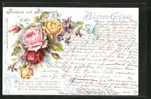 Duft-AK Postkarte mit Blumenduft, Rosen, Veilchen und Vergissmeinnicht
