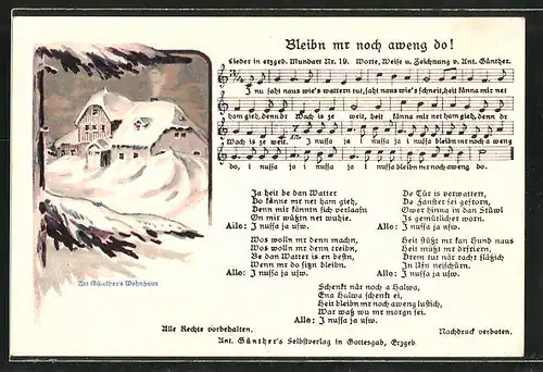 Lied-AK Anton Günther Nr. 19: Lied in Mundart "Bleibn mr noch aweng do!", A. Günther's Wohnhaus