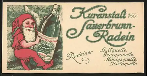 Webebillet Bad Radein, Kuranstalt Sauerbrunn-Radein, Zwerg mit Flasche Heilwasser