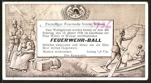 Einladung Willenz, Feuerwehr-Ball der freiwilligen Feuerwehr Willenz, Gasthaus der Frau Wabra 1936