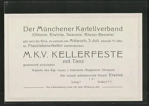 Einladung München, Kartellverband Kellerfest mit Tanz, Franziskanerkeller