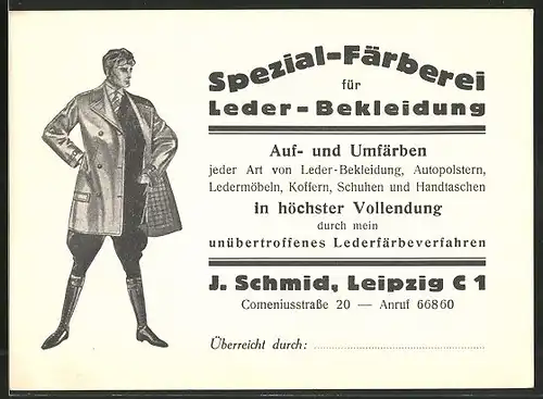 Klapp-Vertreterkarte Leipzig, Spezial-Färberei für Leder-Bekleidung, Man mit Lederjacke