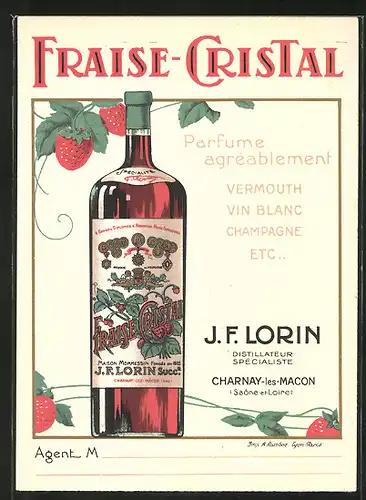 Vertreterkarte Charnay-les-Macon, Fraise-Cristal, J. F. Lorin, Flasche Erdbeer-Wein