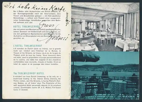 Klapp-Werbebillet Zürich-Thalwil, Hotel Thalwilerhof, Hotelgebäude Innen - und Aussenansicht