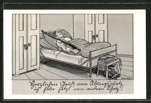 Künstler-AK Ferdinand Barlog: Soldat schläft mit seinem Gewehr