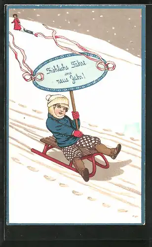 Präge-AK Kind rodelt mit einem Schild: "Fröhliche Fahrt ins neue Jahr!"