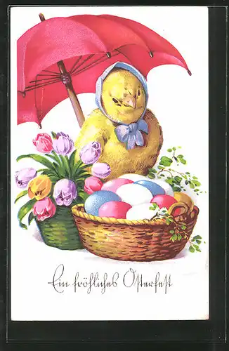 AK Osterküken als Marktfrau mit Eiern und Tulpen unterm Schirm