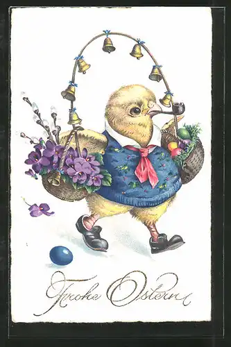 AK Osterküken im Pulli mit Pfeife, Glöckchen, Blumenkorb und bunten Eiern