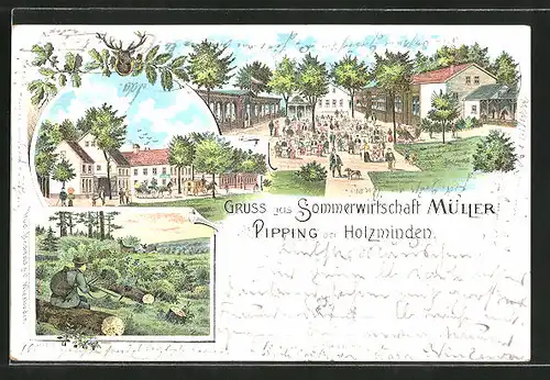 Lithographie Pipping, Gasthaus Müller, Jäger im Wald