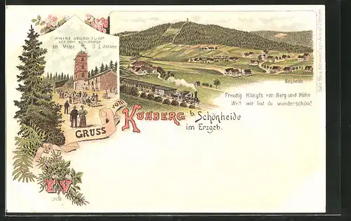 Lithographie Schönheide, Prinz Georg Turm auf dem Kuhberg, Neuheide aus der Vogelschau