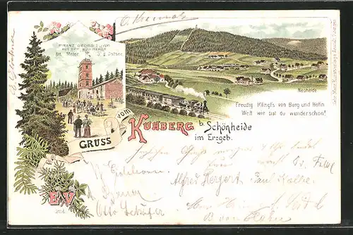 Lithographie Schönheide, Prinz-Georg-Turm auf dem Kuhberg, Neuheide aus der Vogelschau