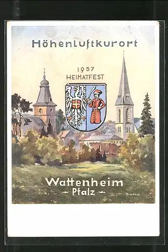 AK Wattenheim, Ansiht des Kirchturms, Wappen der Stadt, Heimatfest 1957