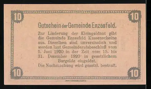 Notgeld Enzesfeld 1920, 10 Heller, Kirche