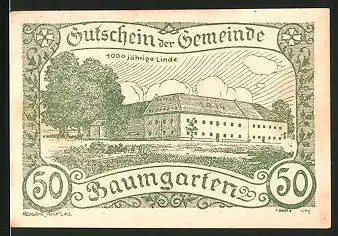 Notgeld Baumgarten 1920, 50 Heller, 1000jährige Linde