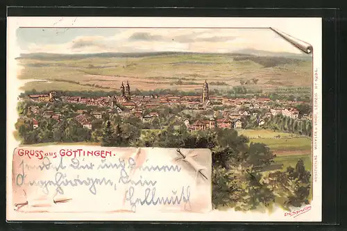 Künstler-Lithographie Erwin Spindler: Göttingen, Gesamtansicht