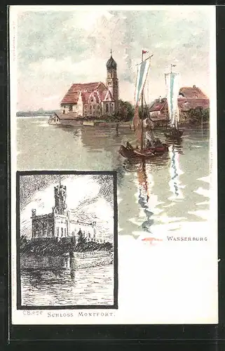Künstler-AK M. Fischerova-Kvechova (MFK): Wasserburg, Ortsansicht vom See aus, Schloss Montfort