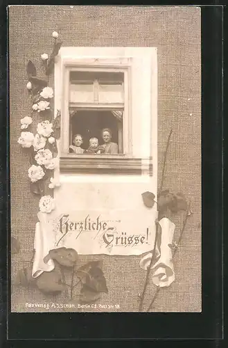Foto-AK Frau mit Kindern am Fenster in Passepartout