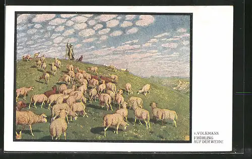 Künstler-AK Hans von Volkmann: Frühling auf der Weide, Schäfer mit Herde