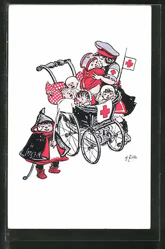 Künstler-AK Heinrich Zille: Kleinkinder im Kinderwagen mit Rotem Kreuz und kleiner Soldat