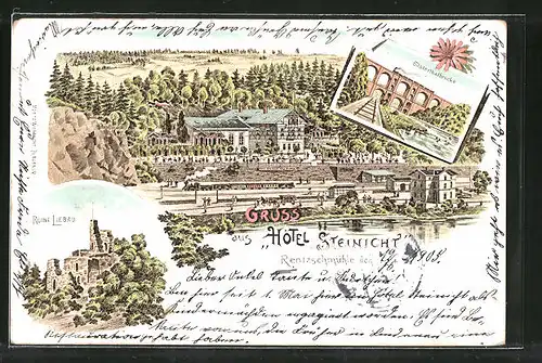 Lithographie Rentzschmühle, Hotel "Steinicht" mit Bahnhof, Ruine Liebau