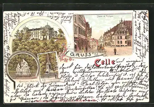 Lithographie Celle, Schloss, Karolinen-Mathilden-Denkmal, Markt & Rathaus