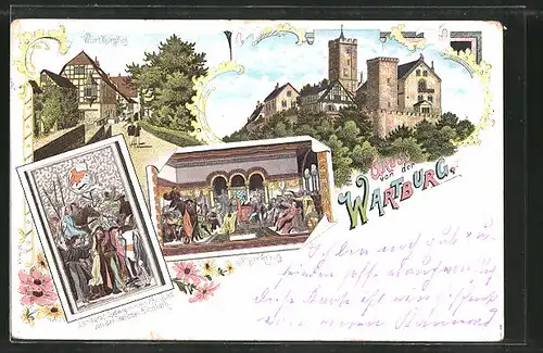 Lithographie Wartburg, Landgraf Ludwig nimmt Abschied von der Heiligen Elisabeth, Burghof