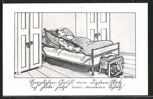 Künstler-AK Ferdinand Barlog: Soldat liegt mit Gewehr im Bett