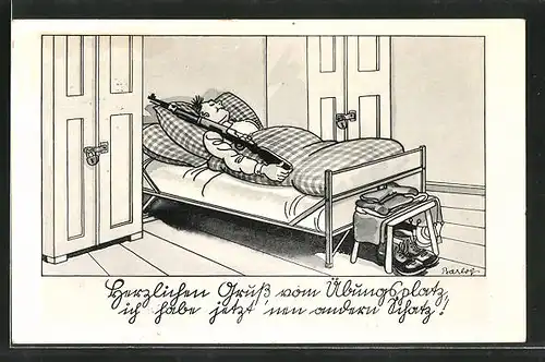 Künstler-AK Ferdinand Barlog: Soldat liegt mit Gewehr im Bett