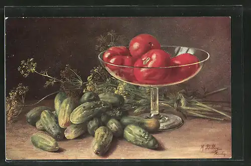 Künstler-AK M. Billing: Stilleben mit Gurken und Tomaten