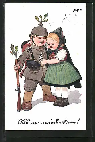 Künstler-AK P. O. Engelhard (P.O.E.): Soldat in Uniform mit dem eisernen Kreuz freut sich seine Frau wieder zu sehen