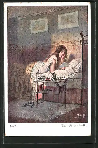 Künstler-AK Adolf (Jodolfi): "Wie lieb er schreibt", junge Frau liest einen Brief im Bett