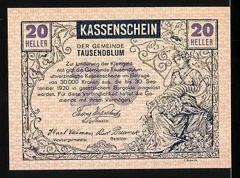 Notgeld Tausendblum 1920, 20 Heller, Frau mit Amphore, Bauer mit Pferdepflug