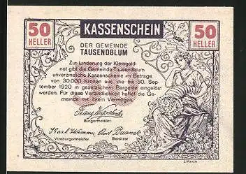 Notgeld Tausendblum 1920, 50 Heller, Frau mit Amphore, Bauer mit Pferdepflug