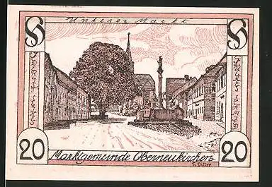 Notgeld Oberneukirchen 1920, 20 Heller, Marktplatz, Hand mit Schwert und Wappen