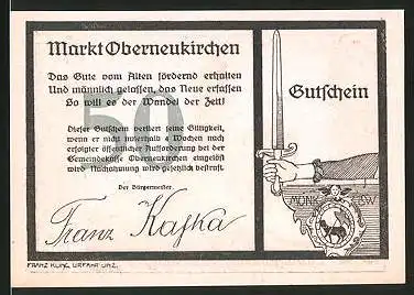 Notgeld Oberneukirchen 1920, 50 Heller, Burgruine, Hand mit Schwert und Wappen