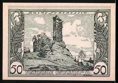 Notgeld Oberneukirchen 1920, 50 Heller, Burgruine, Hand mit Schwert und Wappen