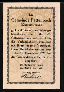 Notgeld Pettenbach in Ober-Österreich 1920, 10 Heller, die Seisenburg