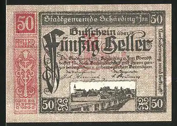 Notgeld Schärding am Inn 1920, 50 Heller, Ortsansicht, Stadtwappen und Stadttor