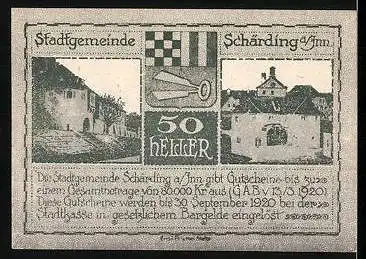 Notgeld Schärding am Inn 1920, 50 Heller, Ortsansicht, Stadtwappen und Stadttor