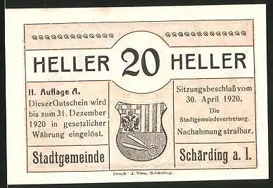 Notgeld Schärding am Inn 1920, 20 Heller, Stadtwappen, Rathaus